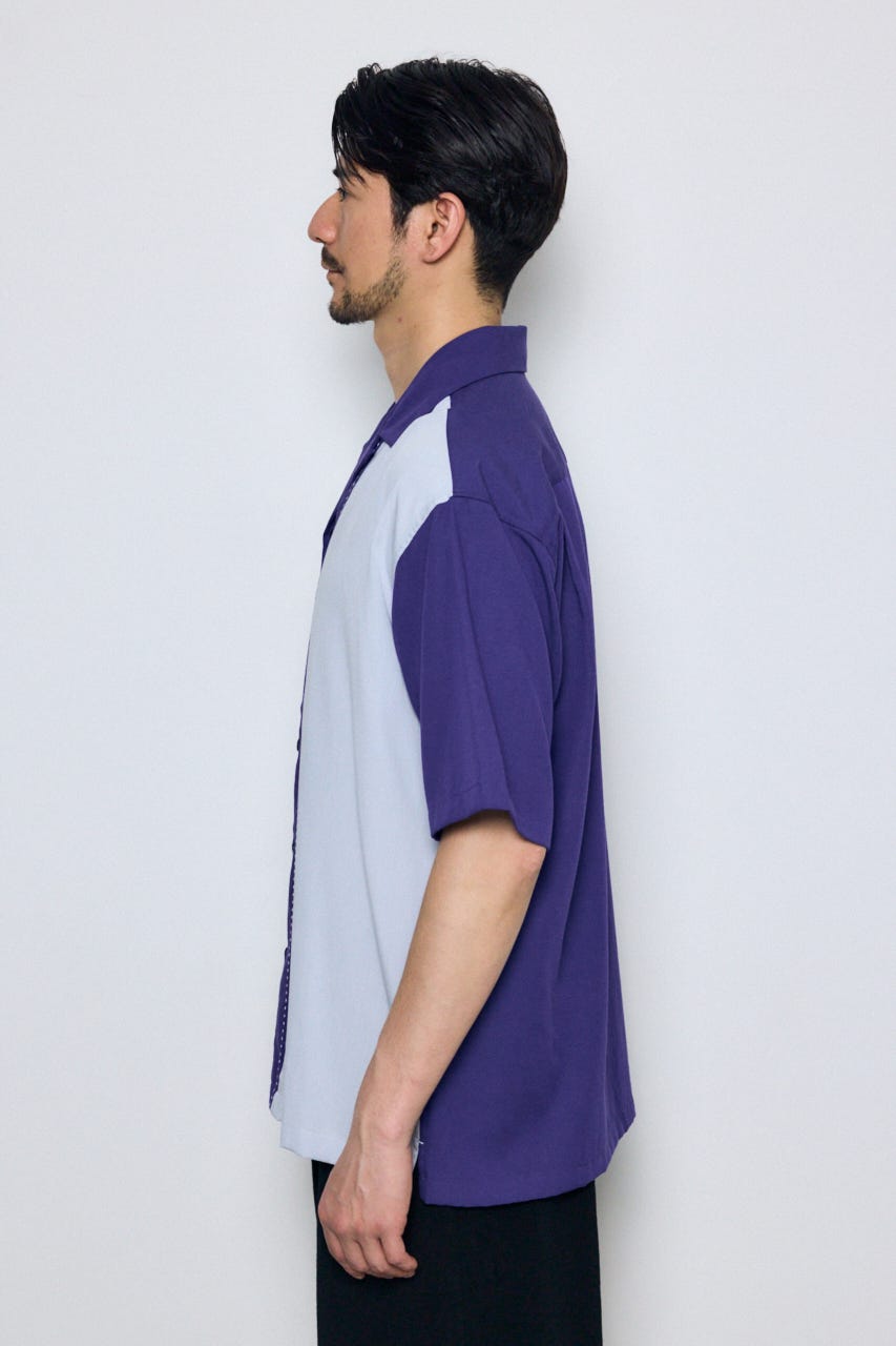 ツートーン切替開襟半袖シャツ 柄NVY M