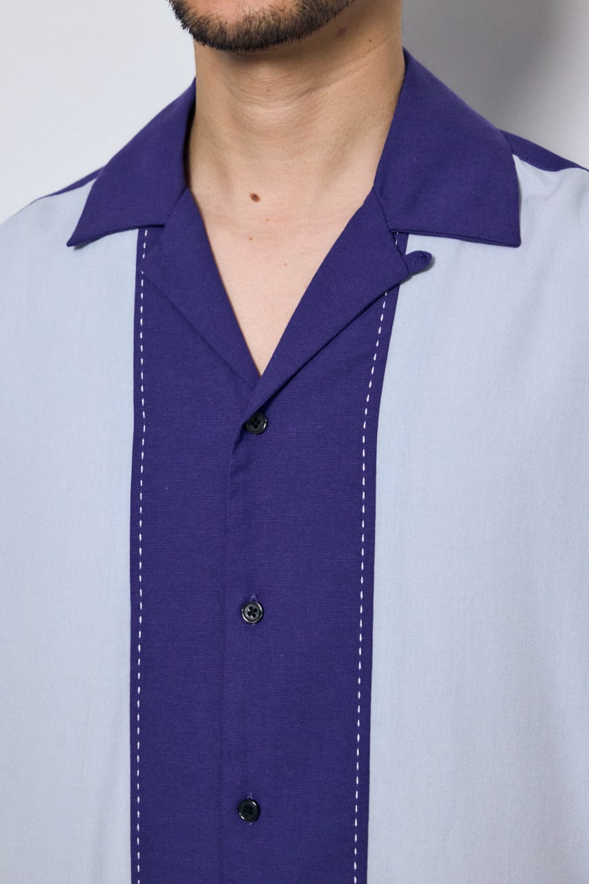 ツートーン切替開襟半袖シャツ 柄NVY M