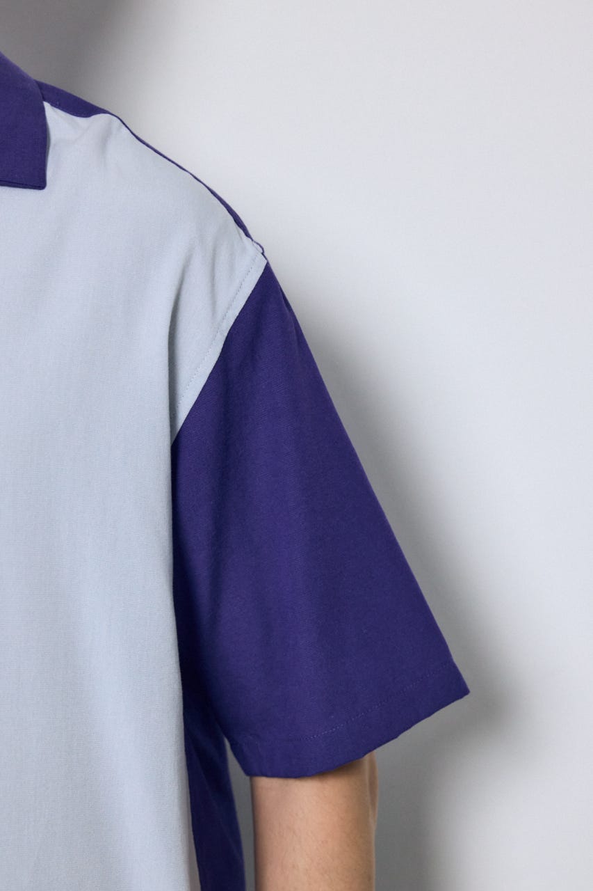 ツートーン切替開襟半袖シャツ 柄NVY M