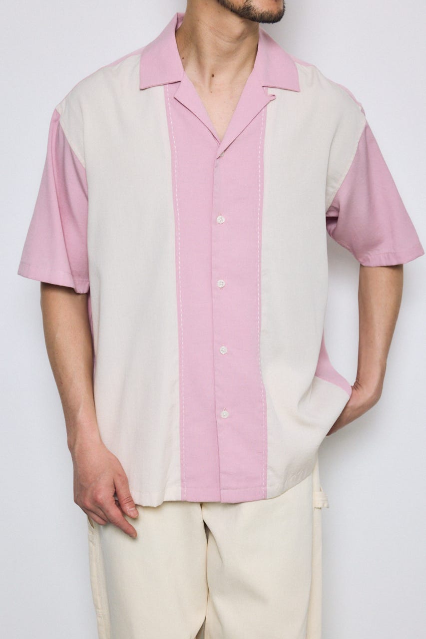 ツートーン切替開襟半袖シャツ 柄PNK L