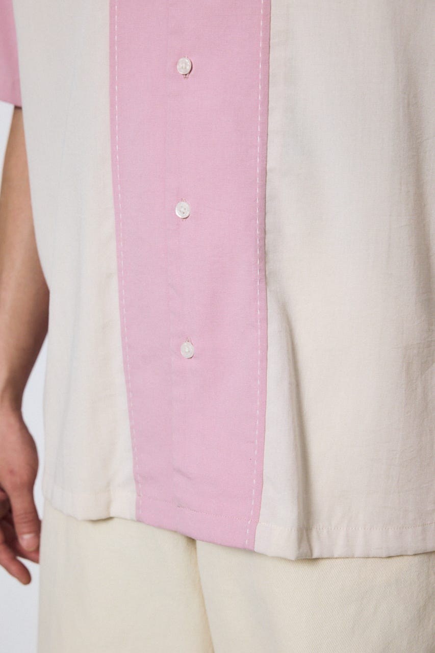 ツートーン切替開襟半袖シャツ 柄PNK L