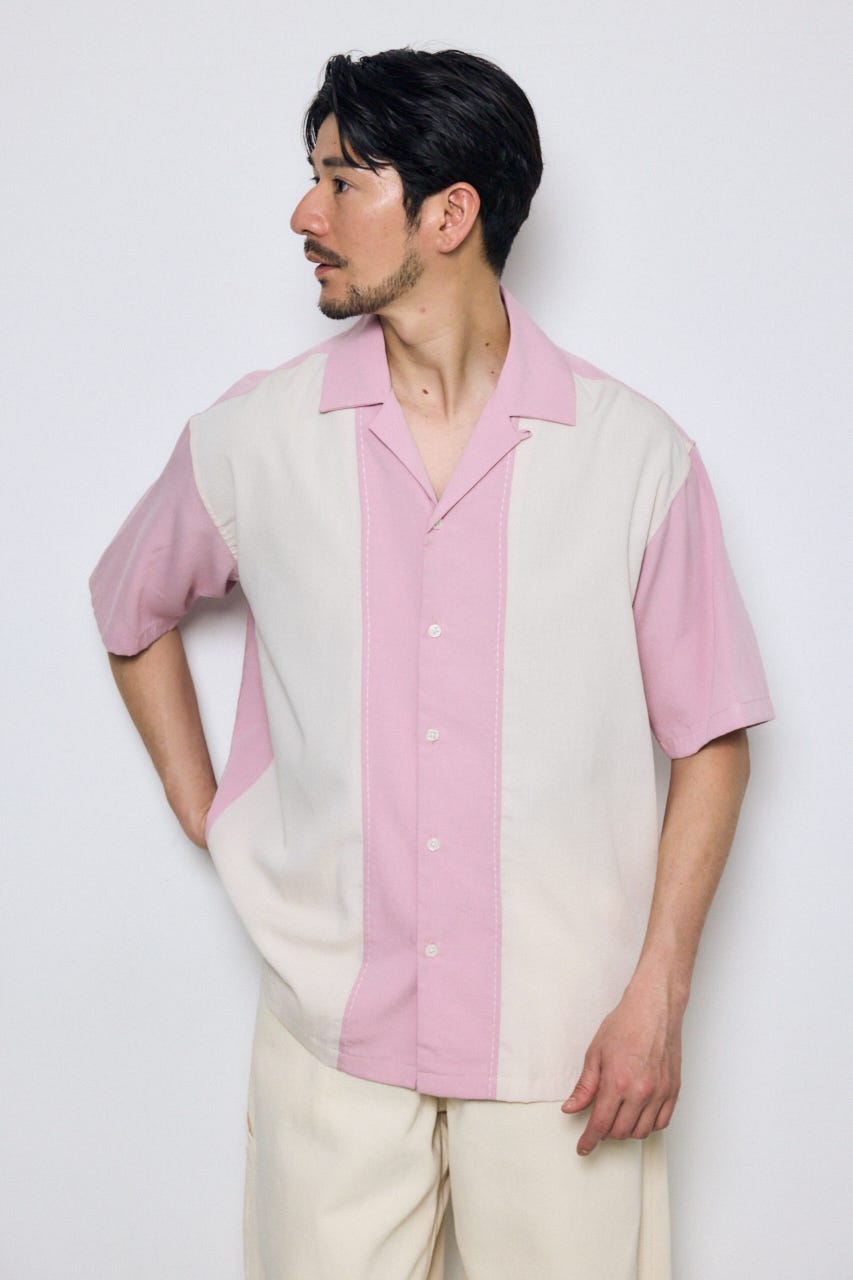 ツートーン切替開襟半袖シャツ 柄PNK L