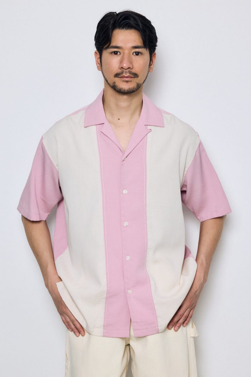 ツートーン切替開襟半袖シャツ 柄PNK L