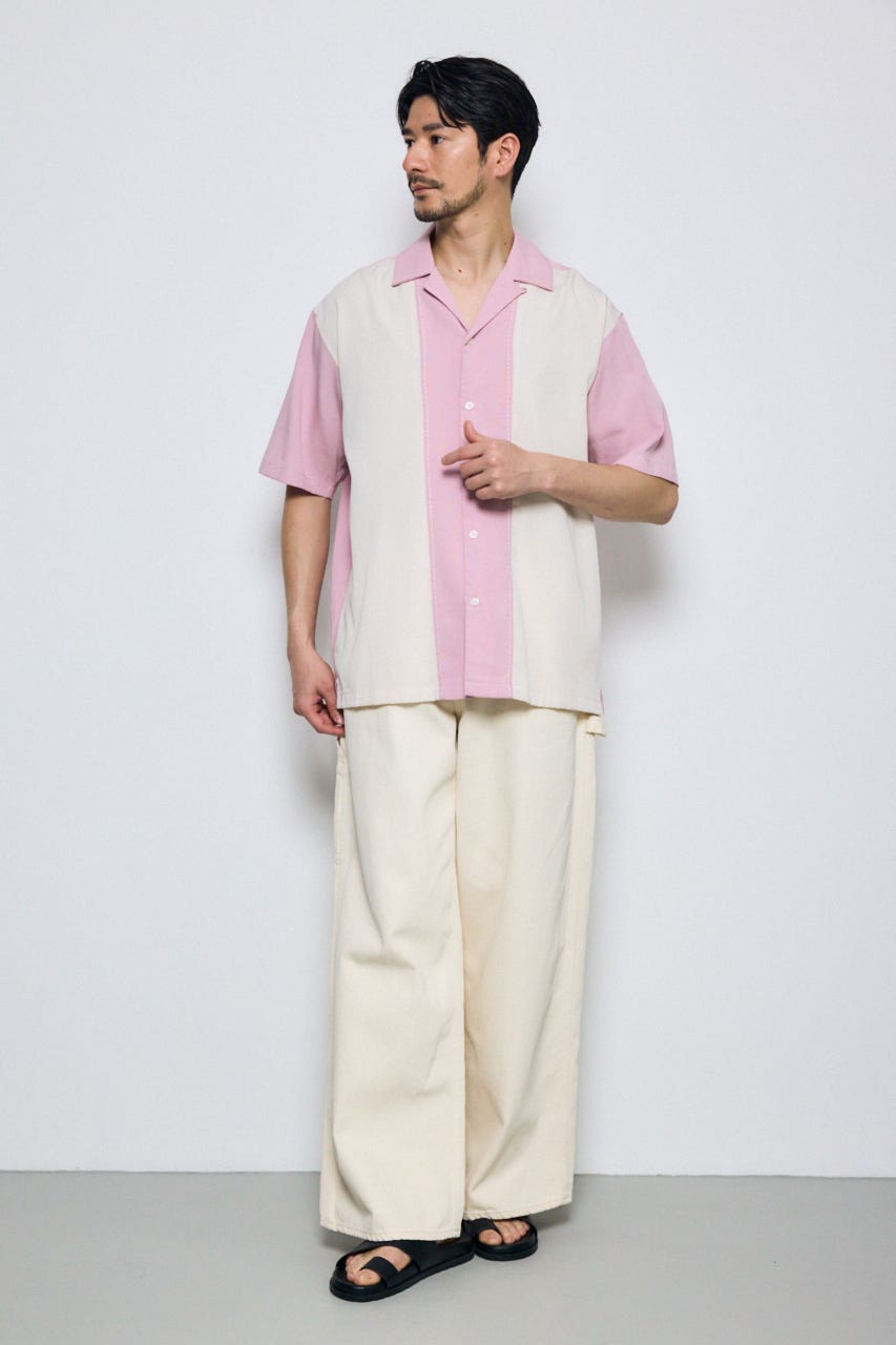 ツートーン切替開襟半袖シャツ 柄PNK L