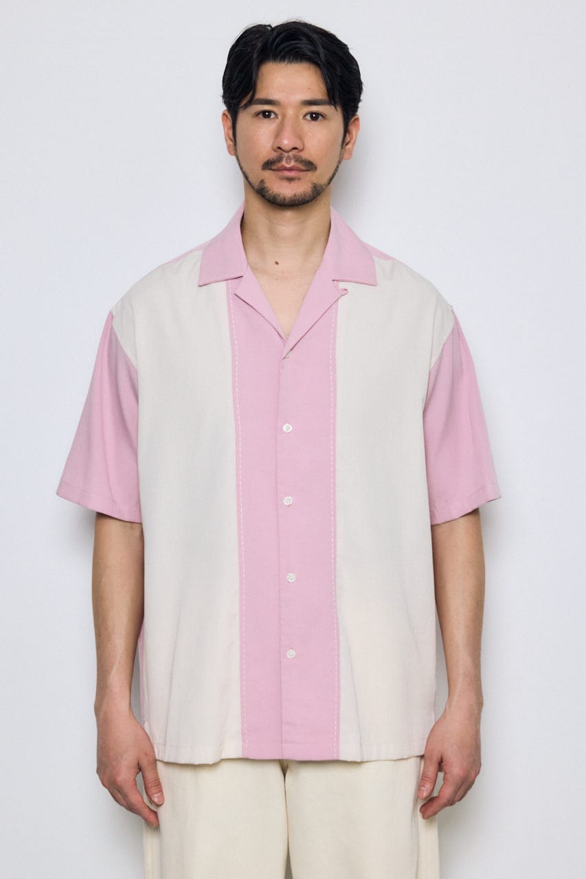 ツートーン切替開襟半袖シャツ 柄PNK L