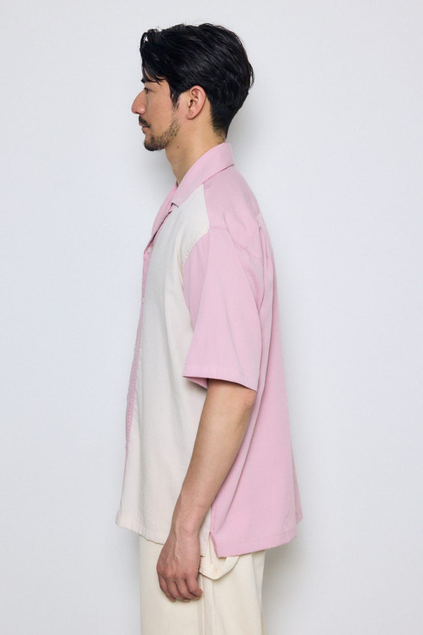 ツートーン切替開襟半袖シャツ 柄PNK L