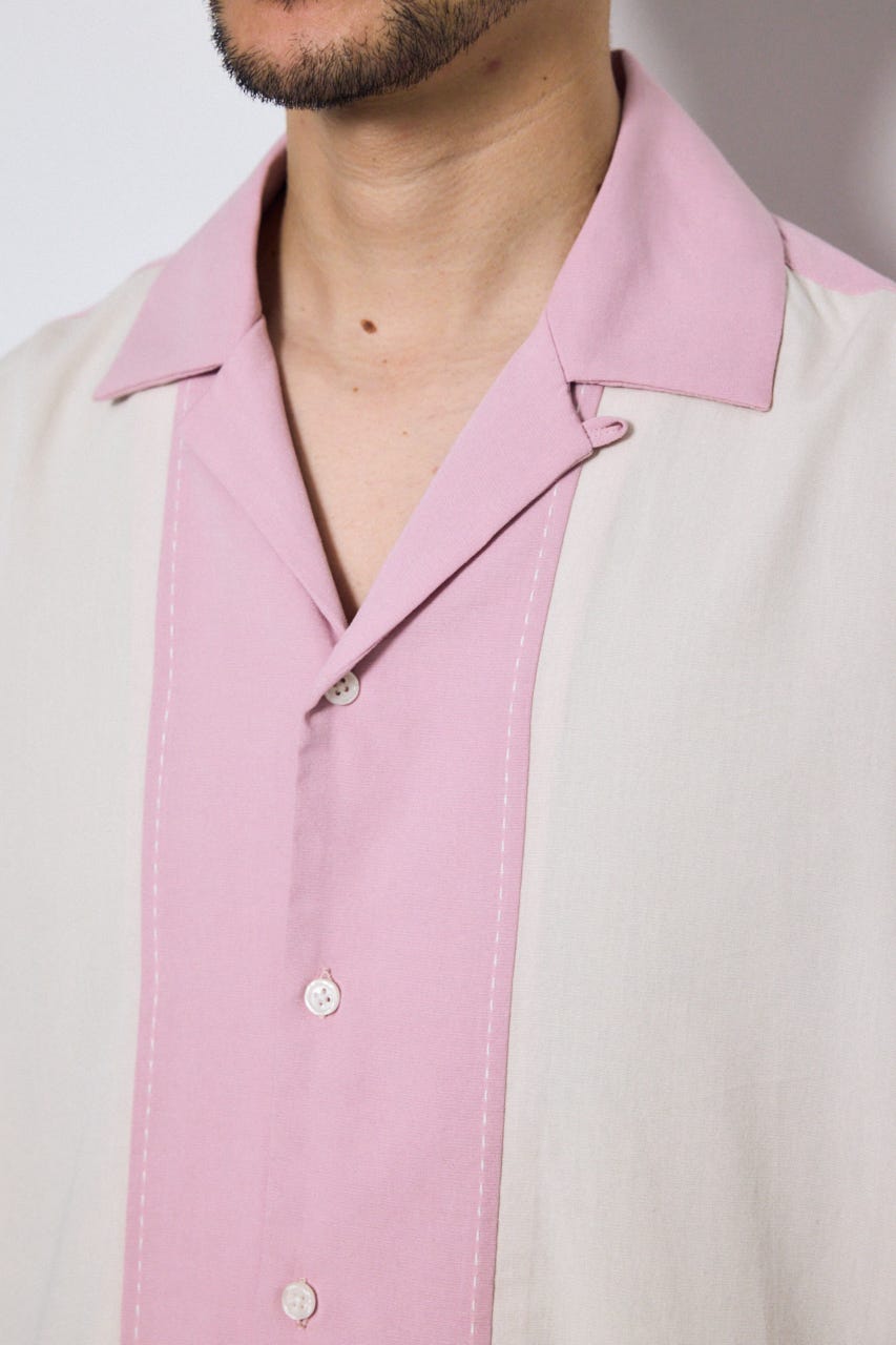 ツートーン切替開襟半袖シャツ 柄PNK L