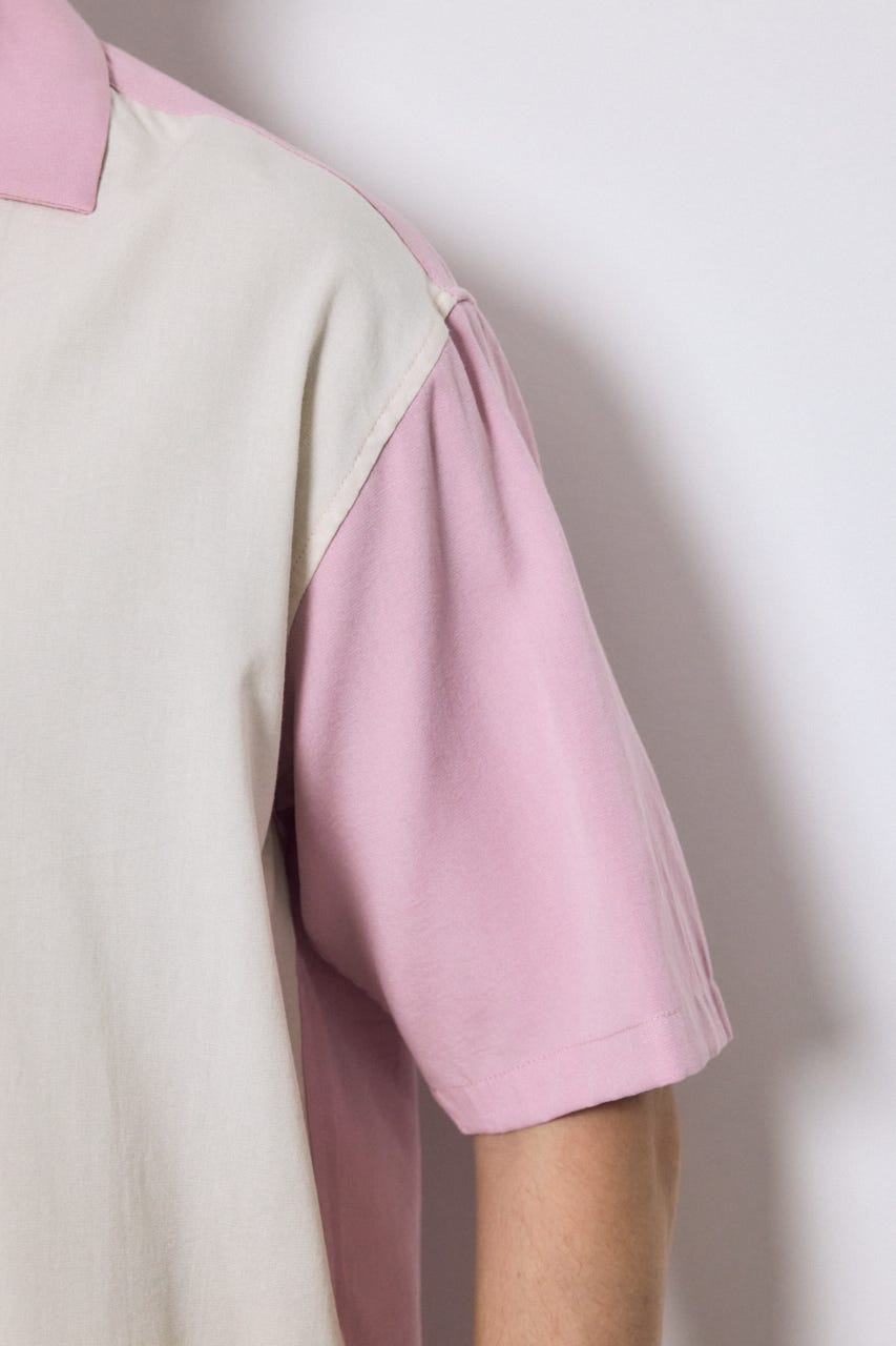 ツートーン切替開襟半袖シャツ 柄PNK L