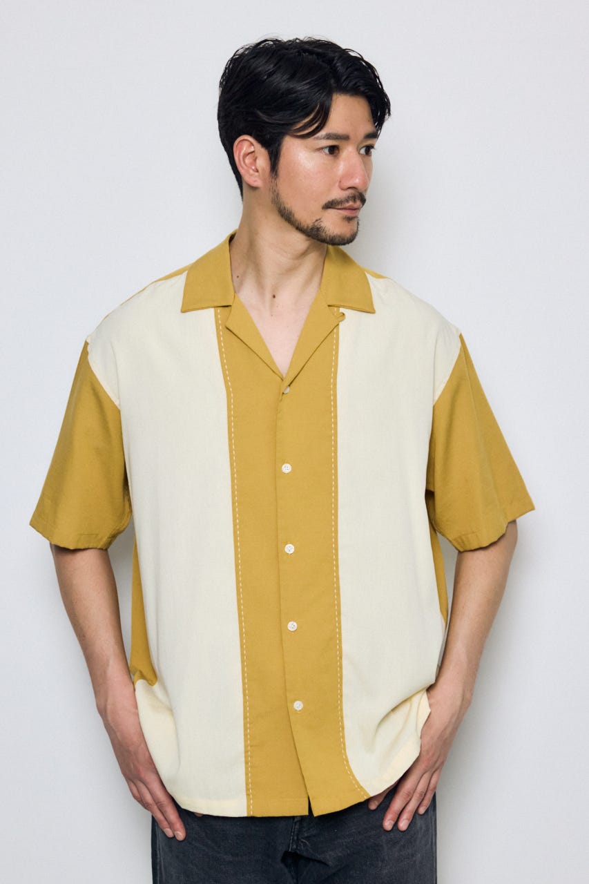 ツートーン切替開襟半袖シャツ 柄YEL L