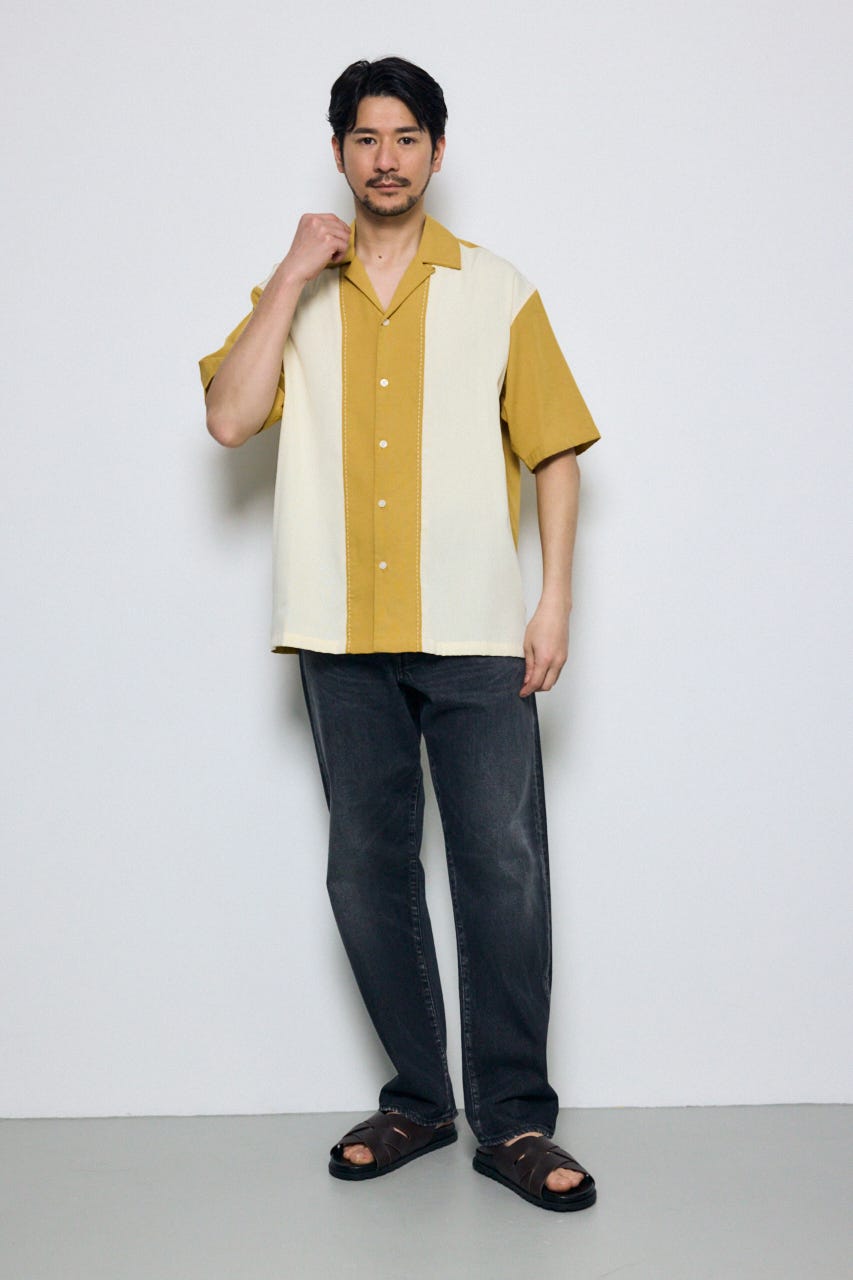 ツートーン切替開襟半袖シャツ 柄YEL L