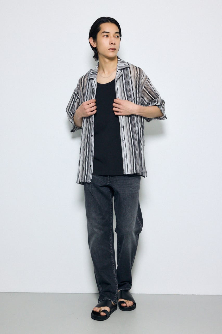 デザインメッシュシャツ 柄BLK L