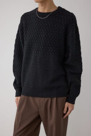 バスケット編み切り替えニットトップス