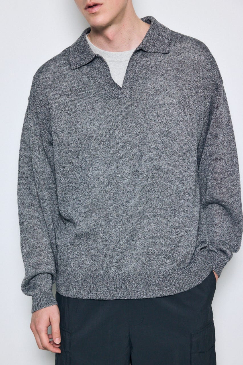 【SS先行アイテム】リネンミックススキッパーポロシャツ BLK L