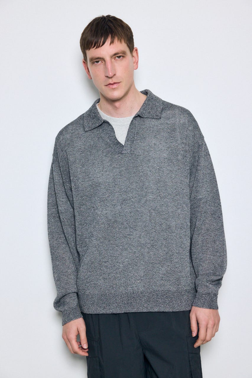 【SS先行アイテム】リネンミックススキッパーポロシャツ BLK L