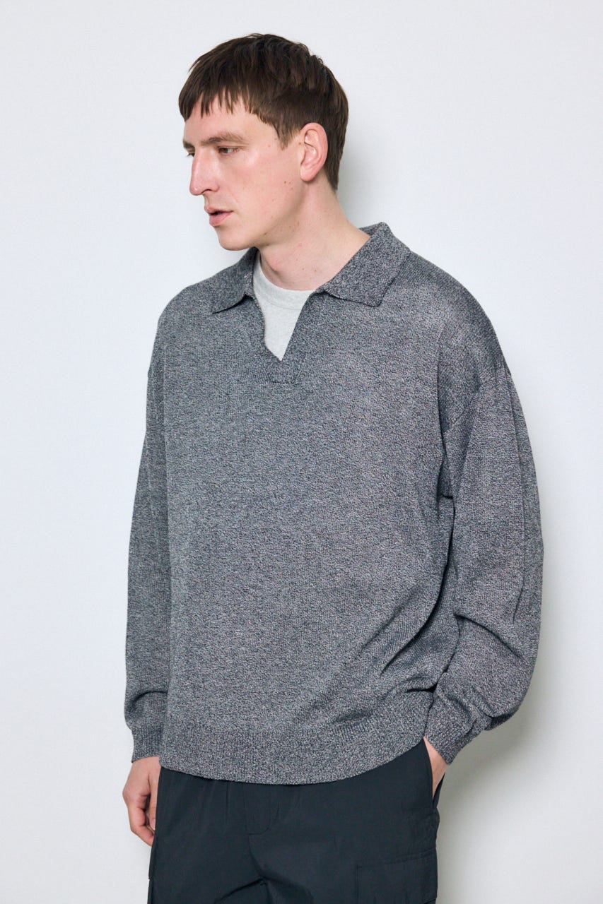 【SS先行アイテム】リネンミックススキッパーポロシャツ BLK L