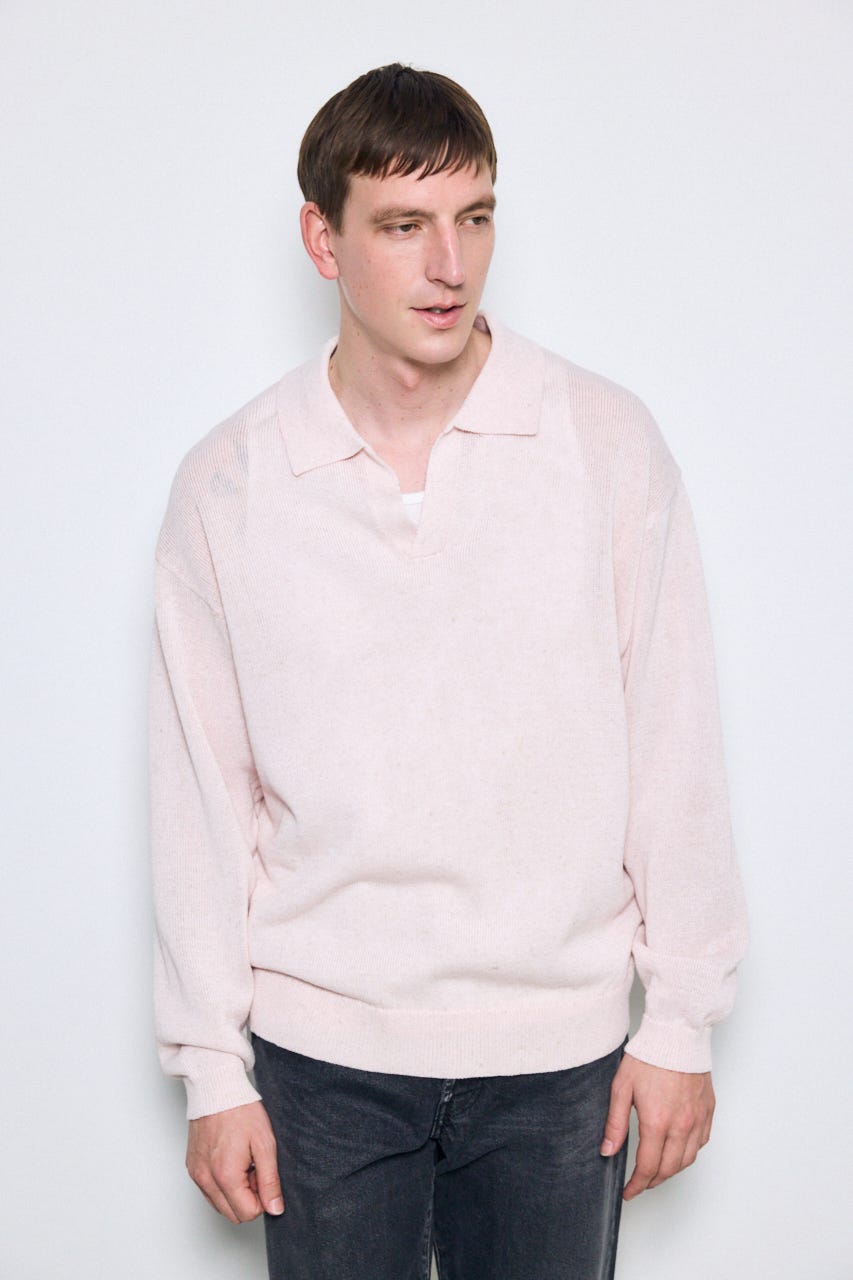 【SS先行アイテム】リネンミックススキッパーポロシャツ L/PNK L