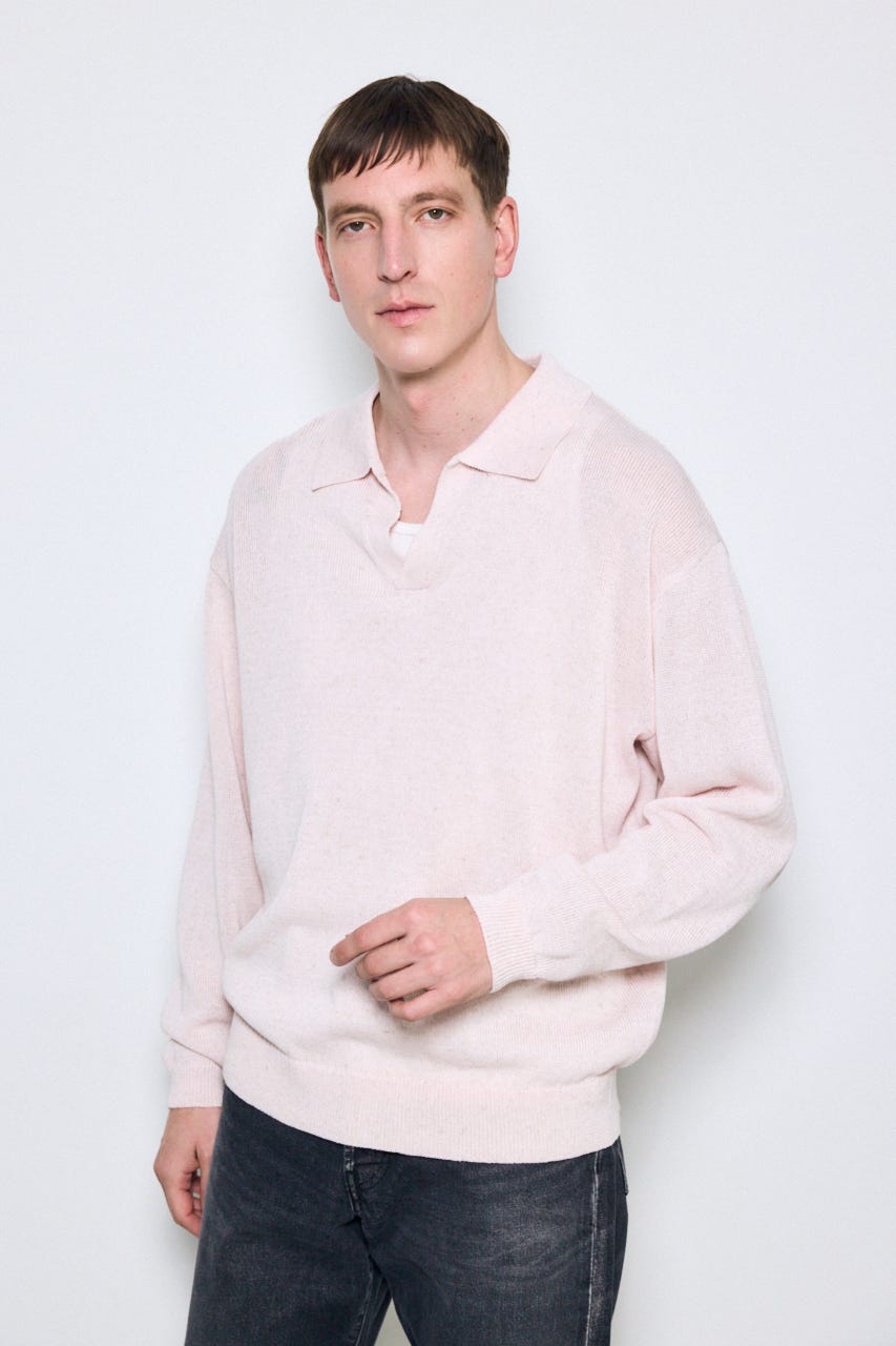 【SS先行アイテム】リネンミックススキッパーポロシャツ L/PNK L