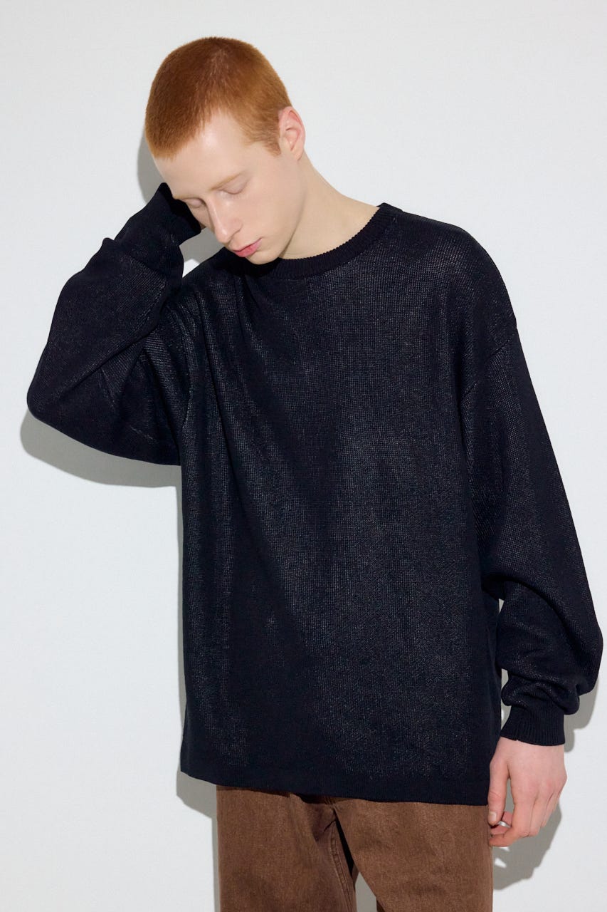 裏配色リネンミックスニットトップス BLK L