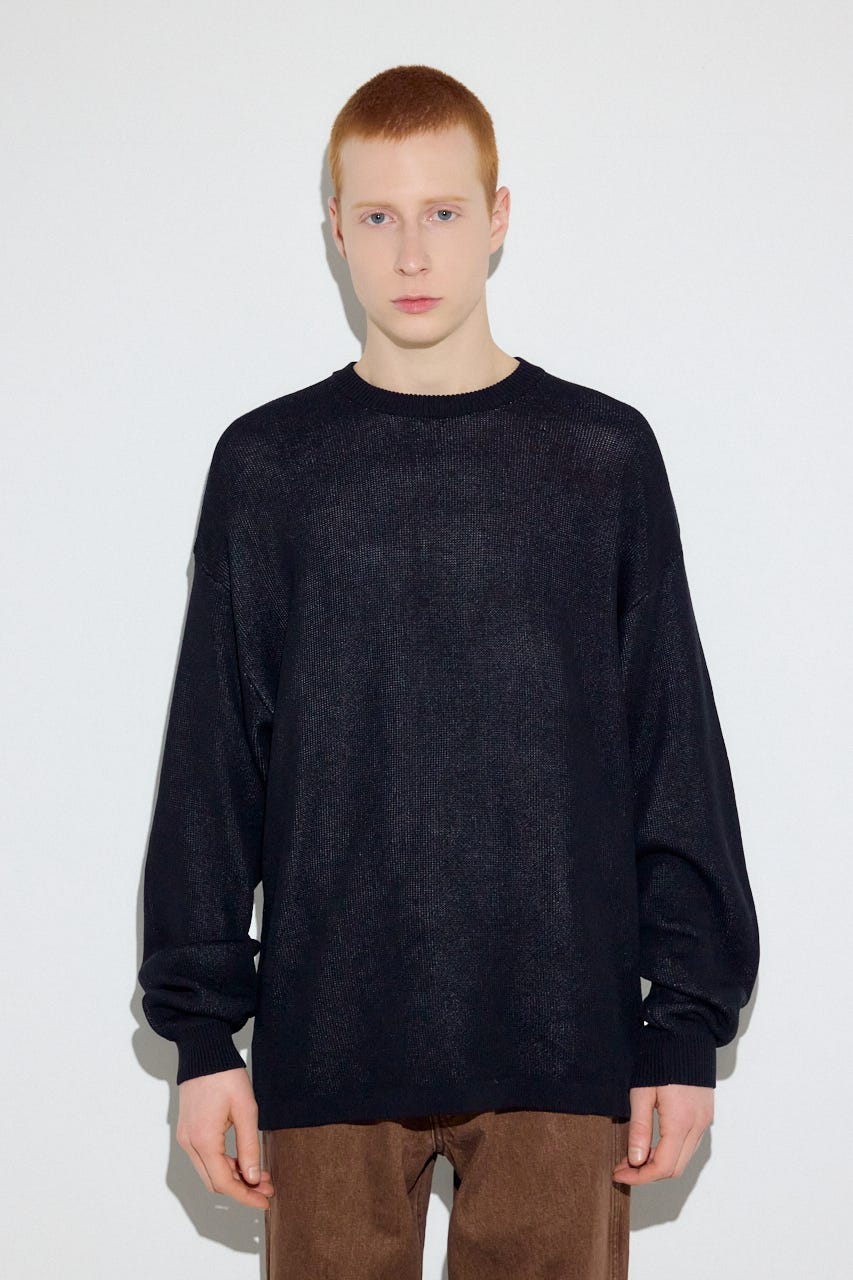 裏配色リネンミックスニットトップス BLK L