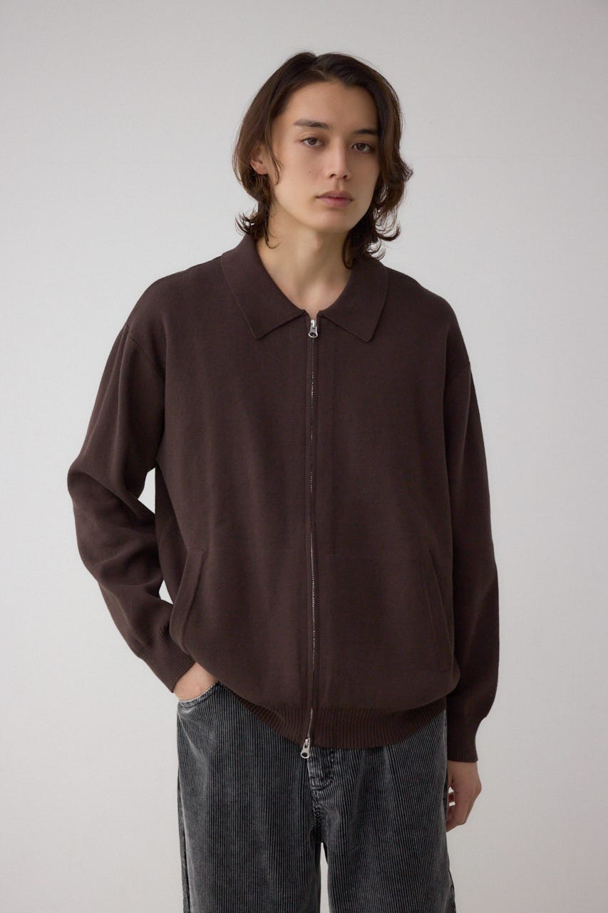 ジップアップ襟付きニットカーディガン BRN XL