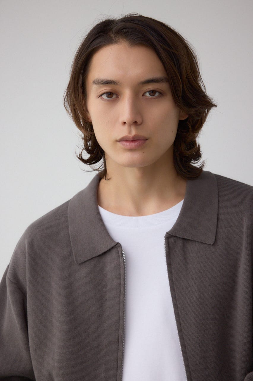 ジップアップ襟付きニットカーディガン D/GRY M