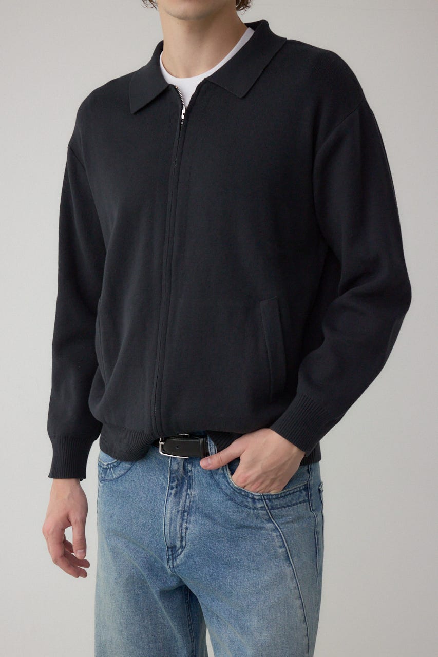 ジップアップ襟付きニットカーディガン L/BLK M