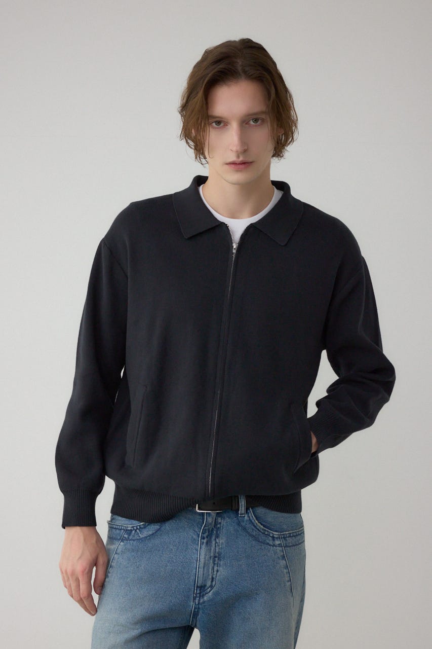 ジップアップ襟付きニットカーディガン L/BLK M