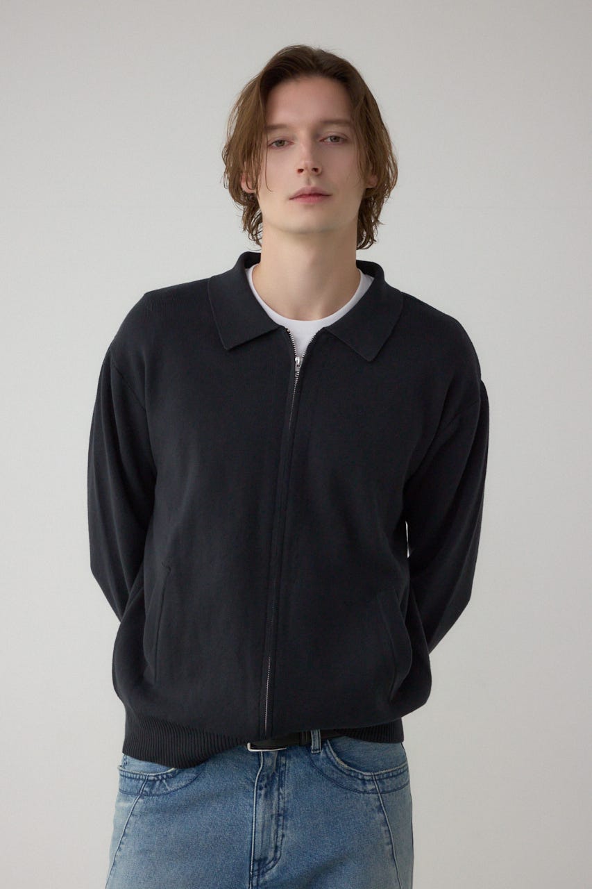 ジップアップ襟付きニットカーディガン L/BLK M