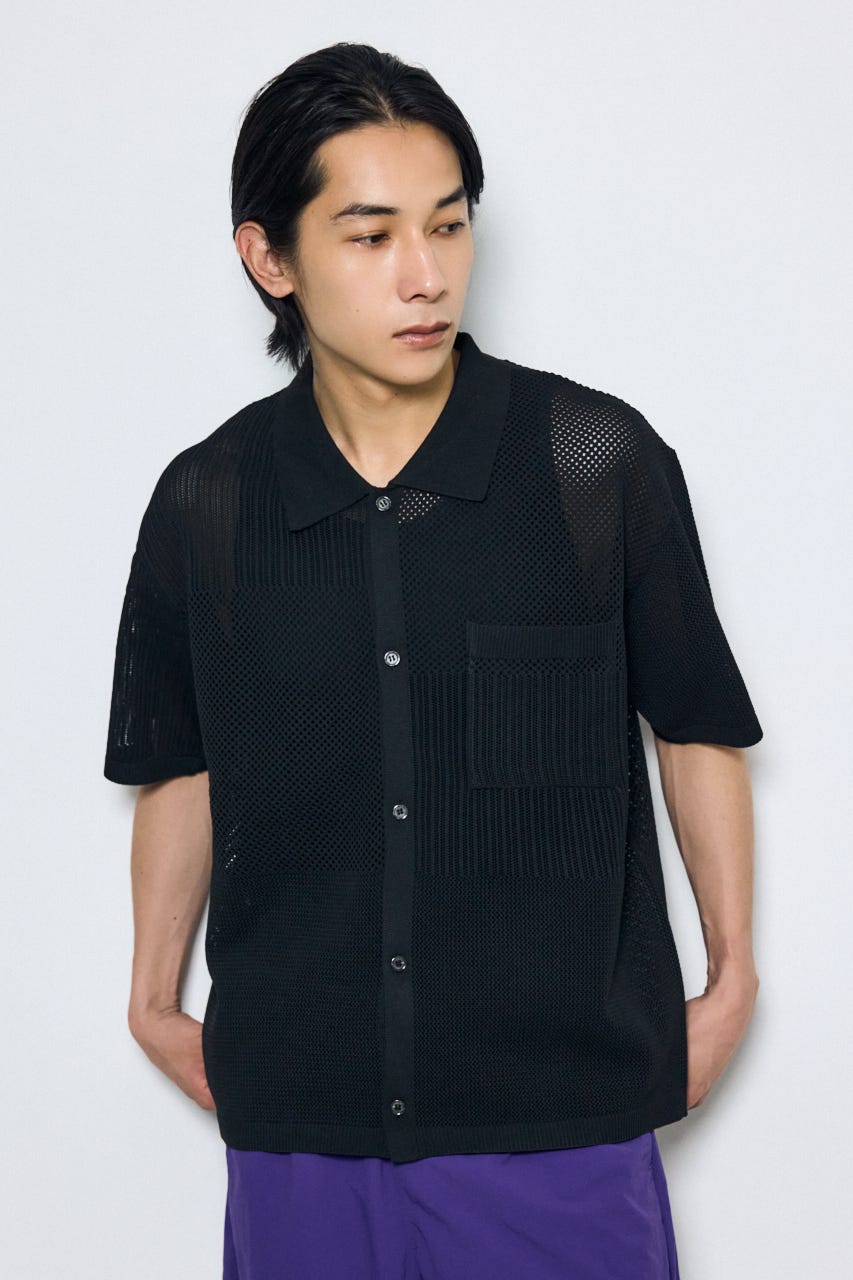 編地切替ニットシャツ BLK M