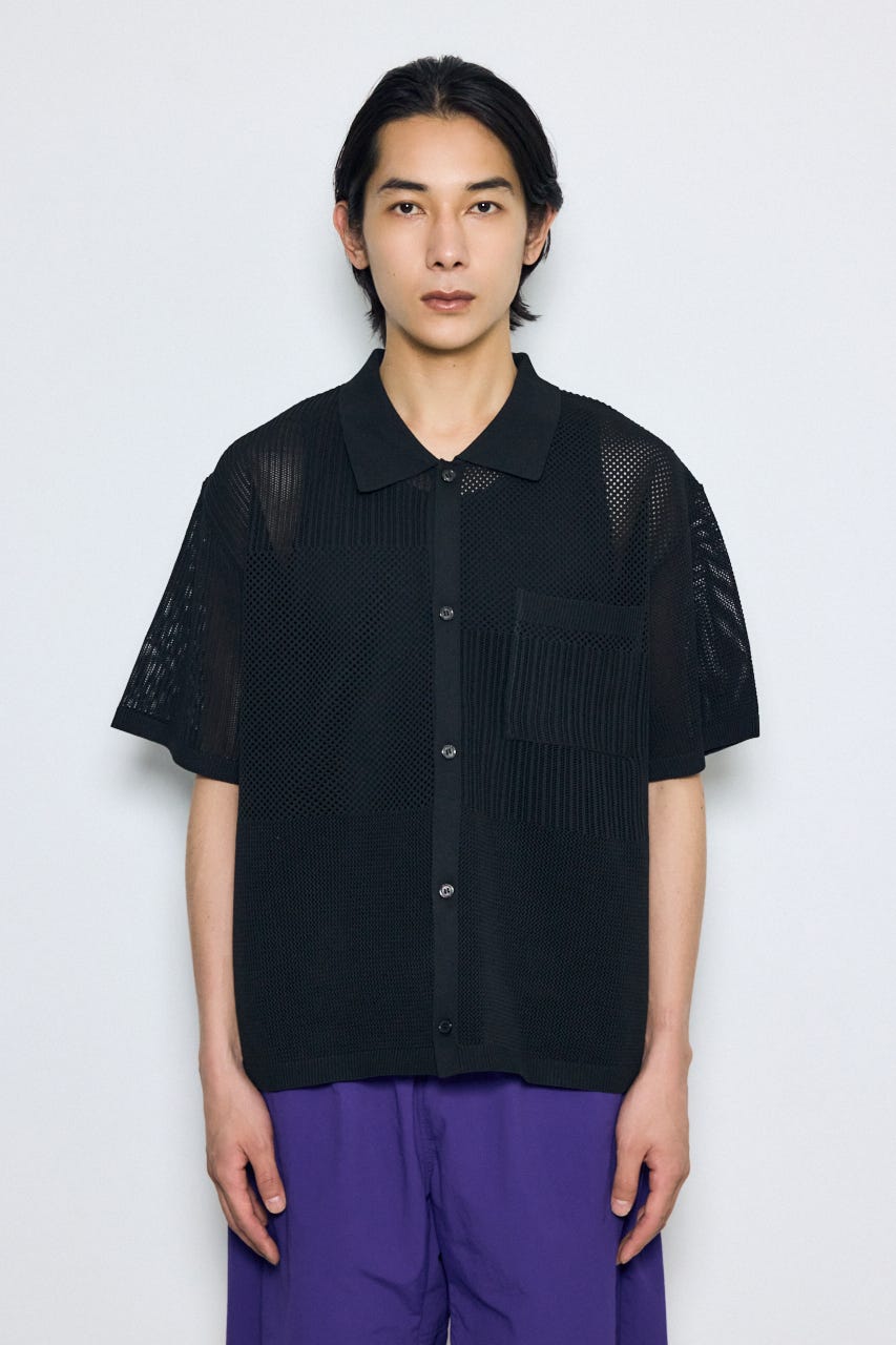 編地切替ニットシャツ BLK M