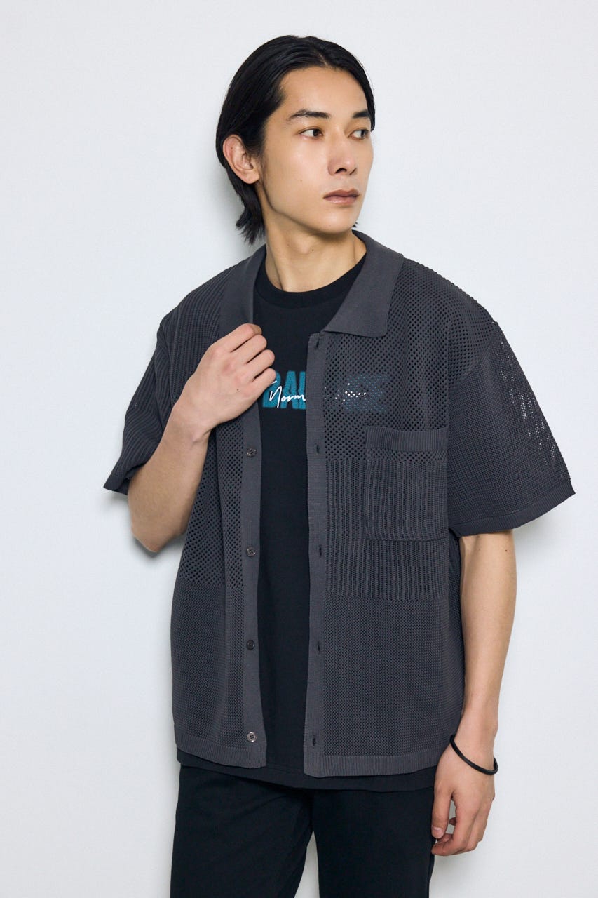 編地切替ニットシャツ GRY L
