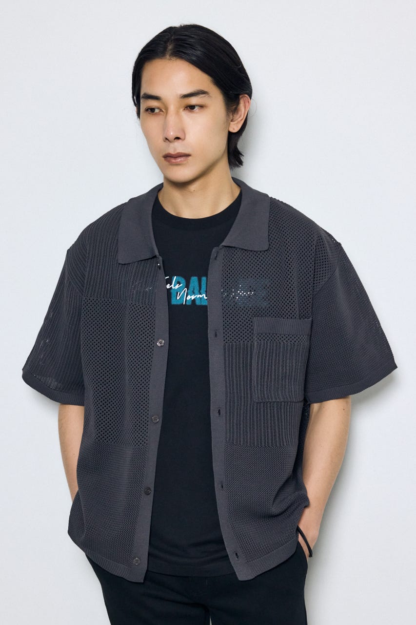編地切替ニットシャツ GRY L