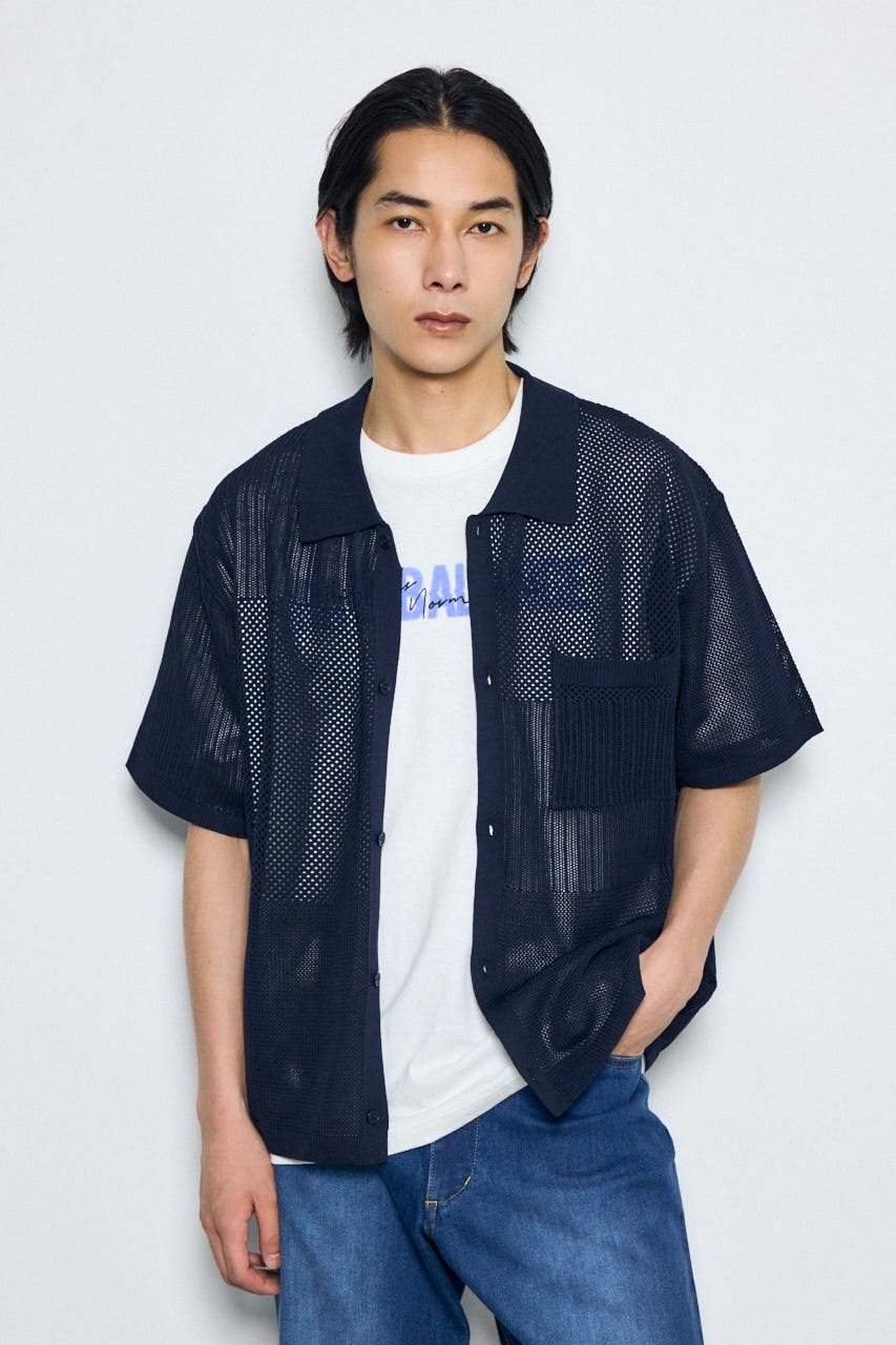 編地切替ニットシャツ NVY L