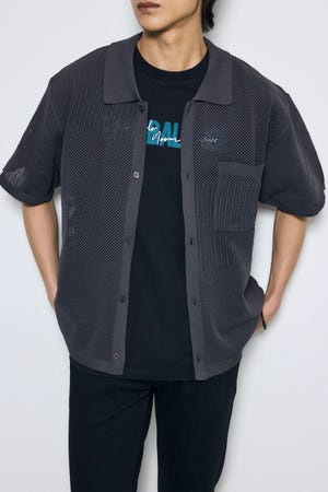 編地切替ニットシャツ