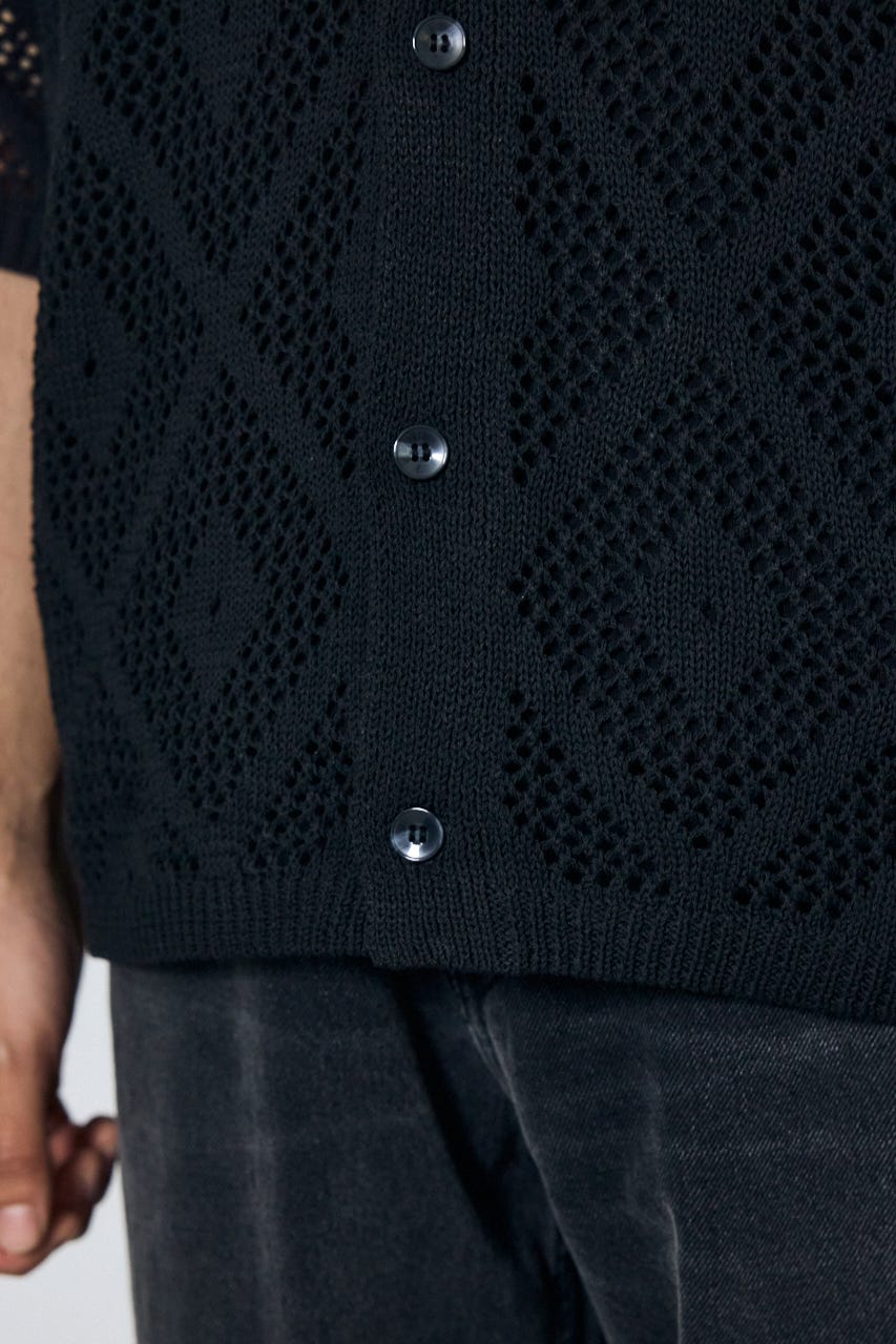 デザインメッシュニットシャツ BLK L