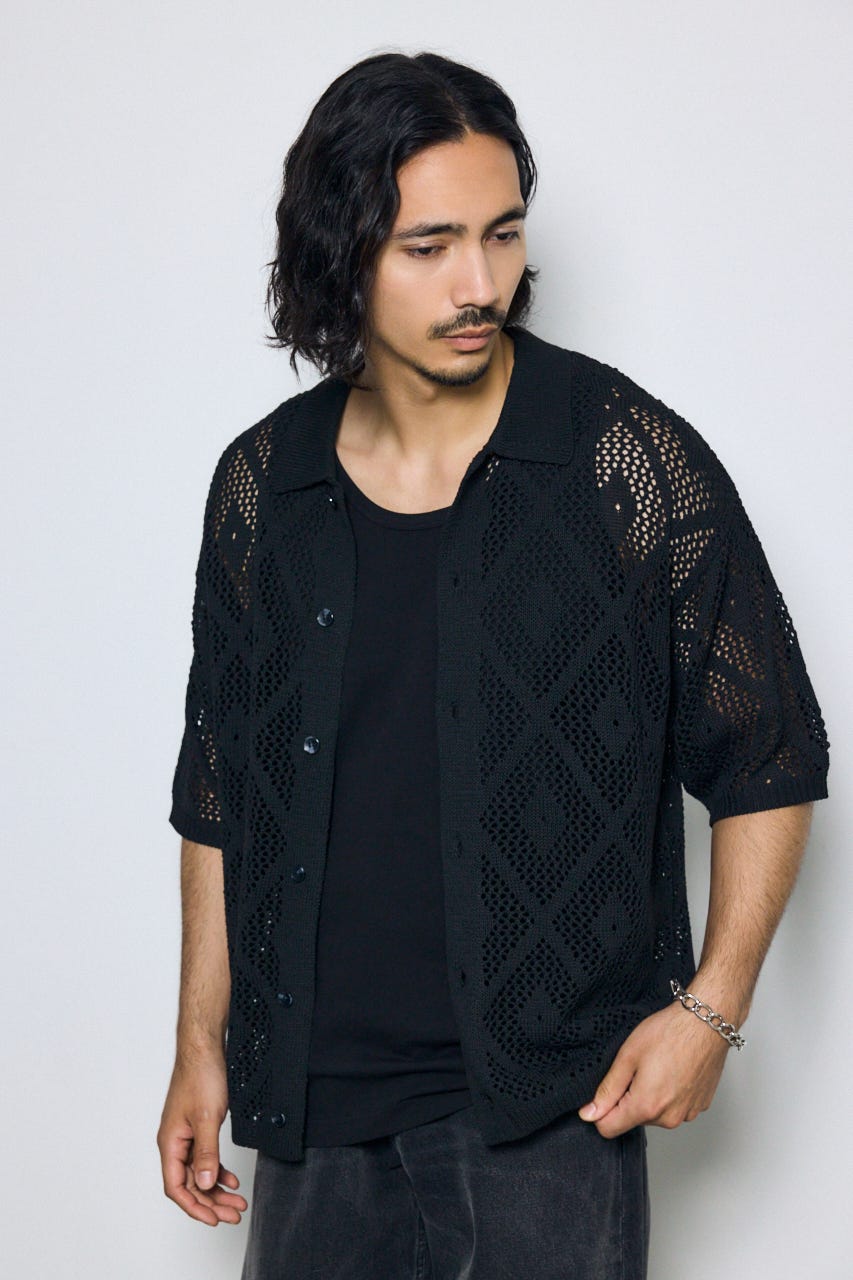 デザインメッシュニットシャツ BLK L