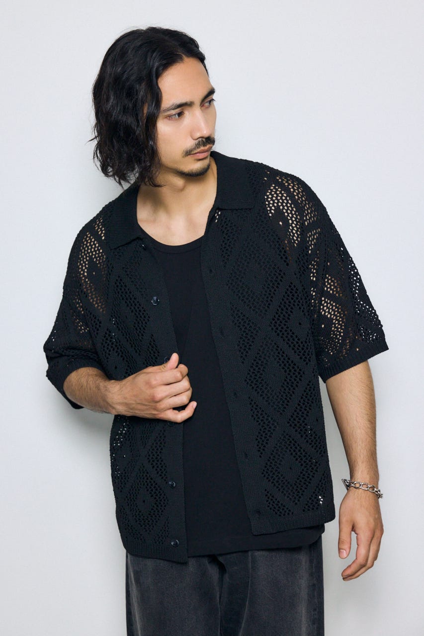 デザインメッシュニットシャツ BLK L