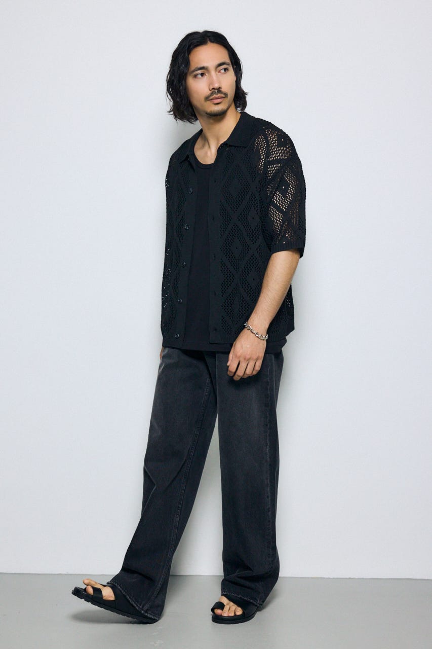 デザインメッシュニットシャツ BLK L