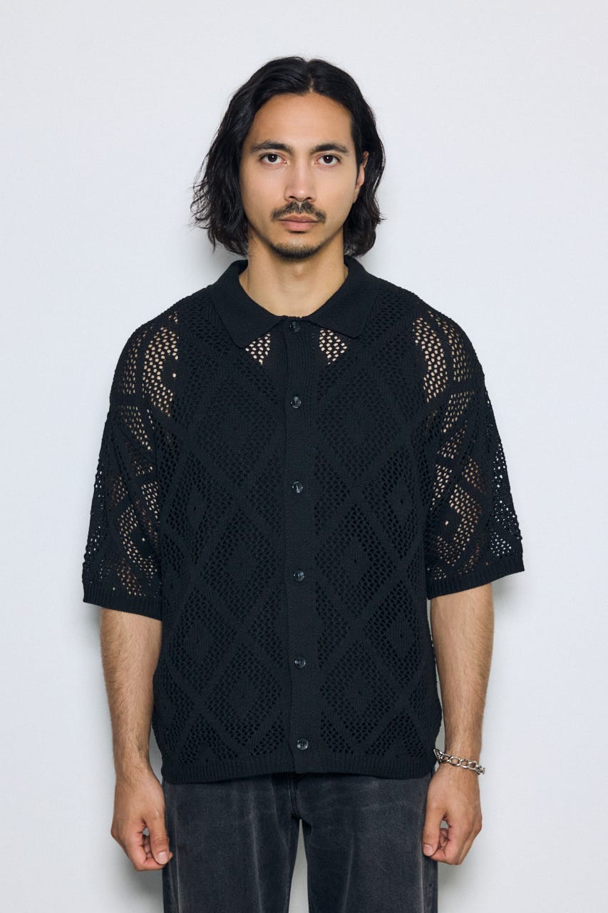 デザインメッシュニットシャツ BLK L