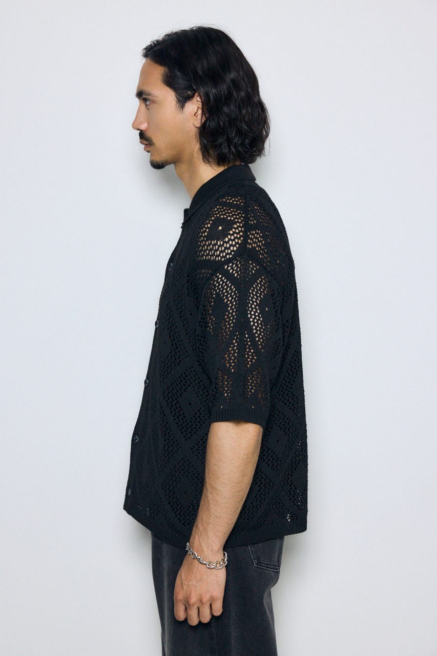デザインメッシュニットシャツ BLK L