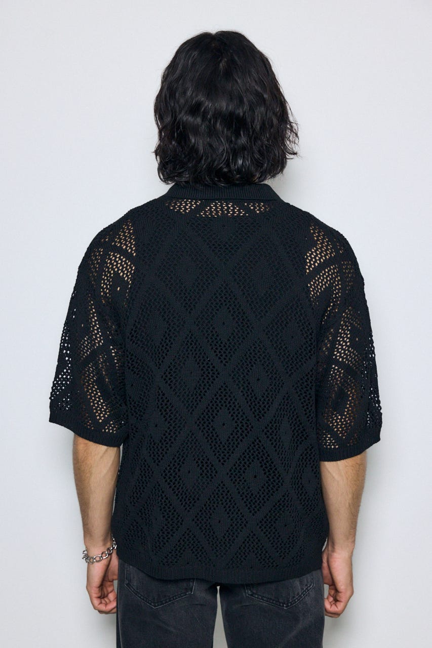 デザインメッシュニットシャツ BLK L