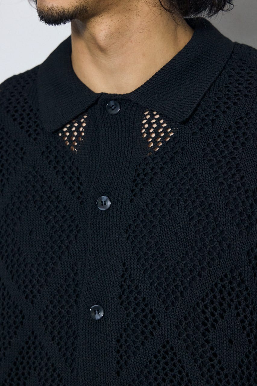 デザインメッシュニットシャツ BLK L