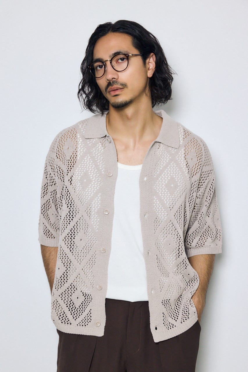 デザインメッシュニットシャツ GREIGE M