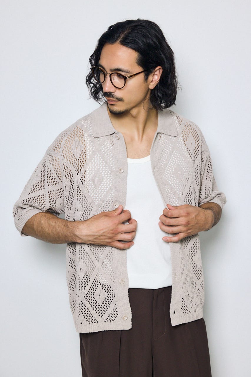 デザインメッシュニットシャツ GREIGE M