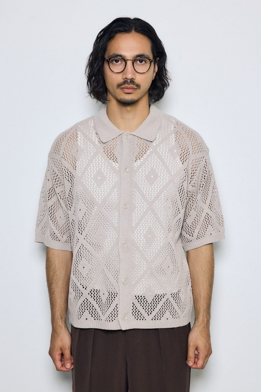 デザインメッシュニットシャツ GREIGE M