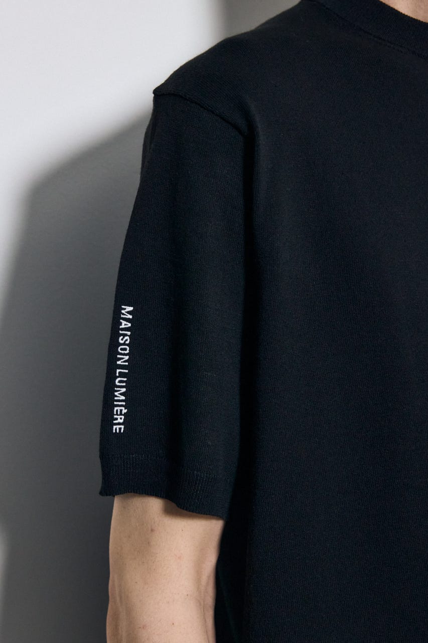 バック刺繍半袖ニットトップス BLK L