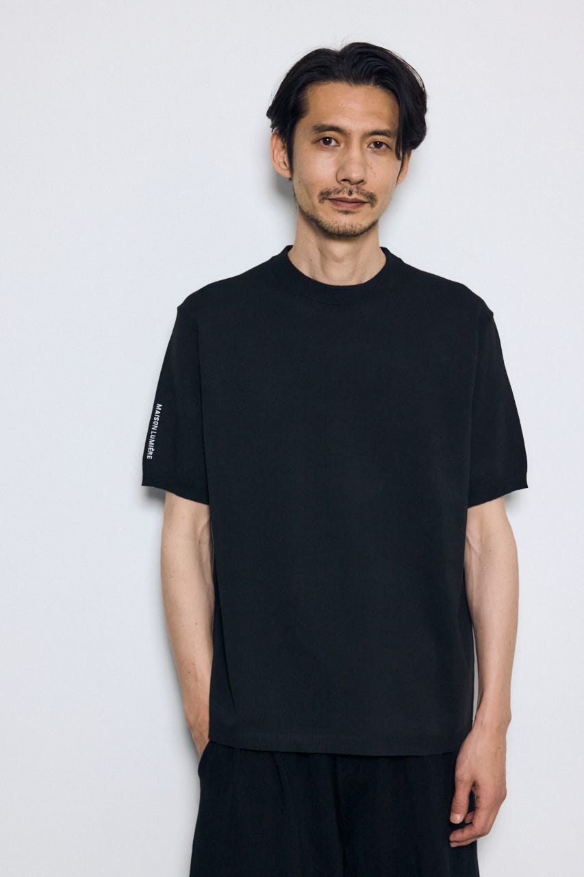 バック刺繍半袖ニットトップス BLK L
