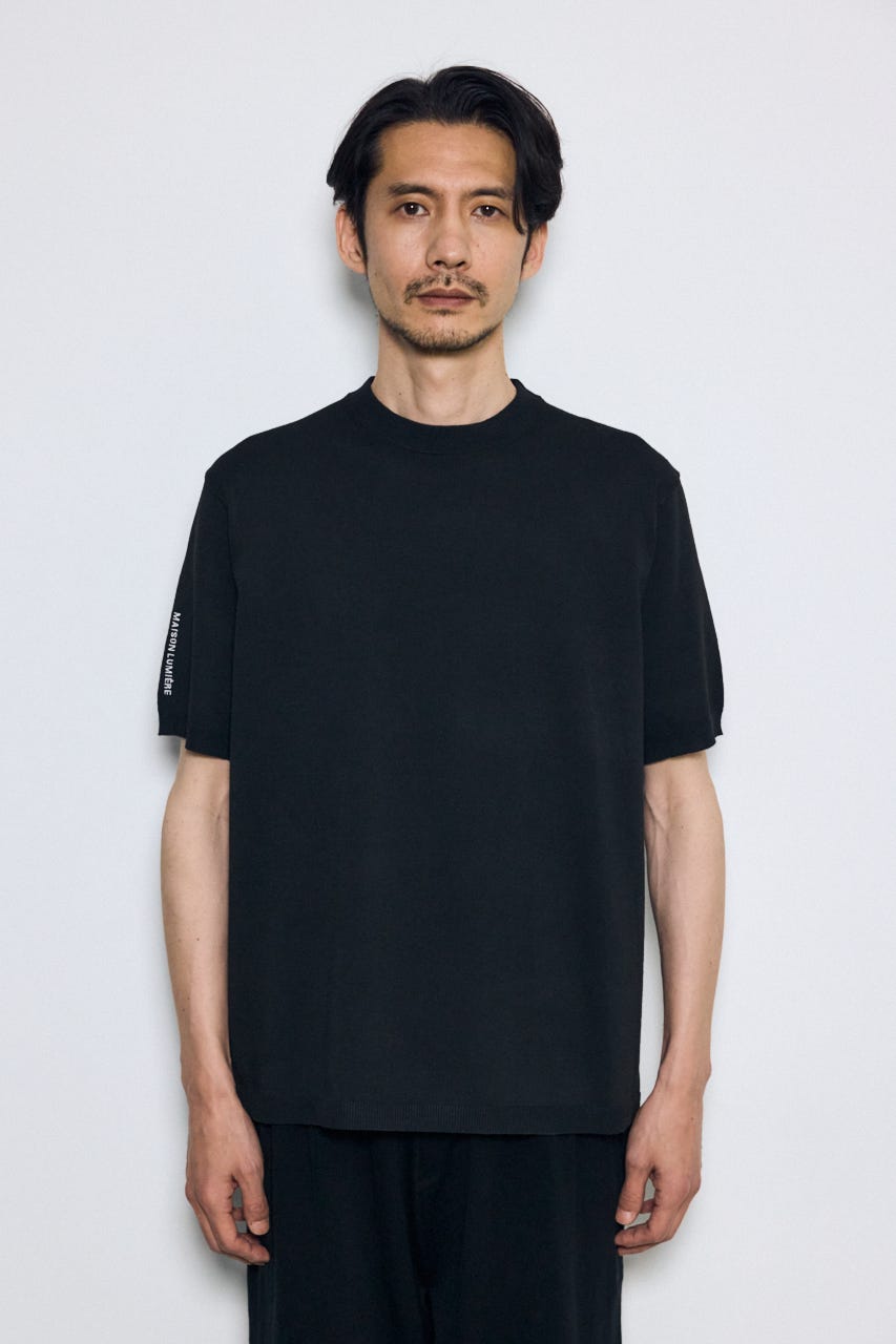 バック刺繍半袖ニットトップス BLK L