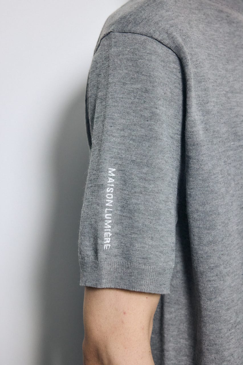 バック刺繍半袖ニットトップス GRY L