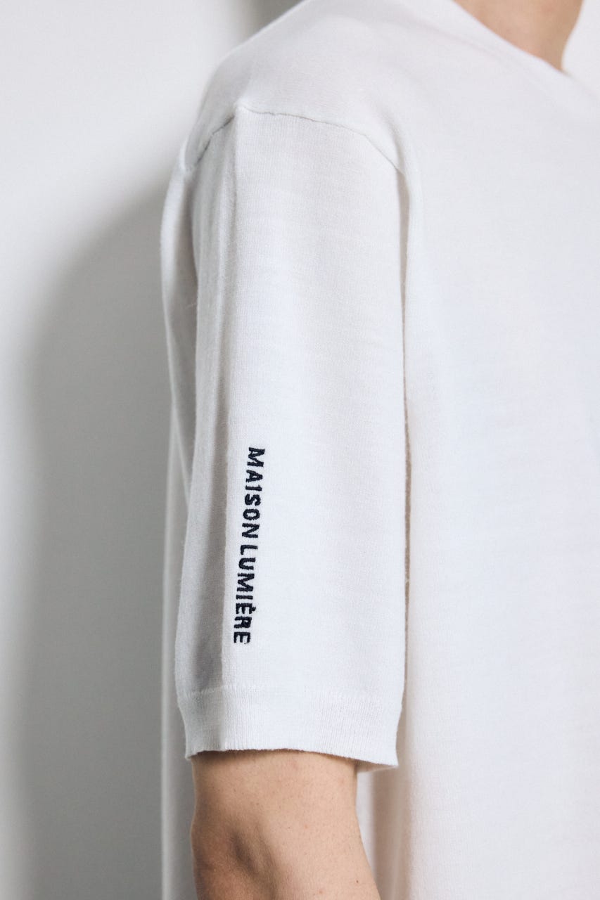 バック刺繍半袖ニットトップス WHT M